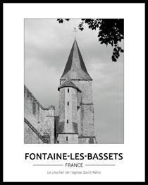 Cliquez pour agrandir Clocher tour de l'église de Fontaine-les-bassets en noir et