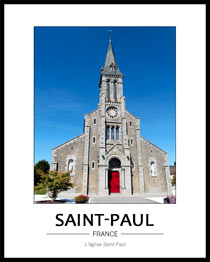 fa�ade de l'�glise, grise, sous un ciel parfaitement bleu. On note un d�tail de couleur, le rouge du portail principal