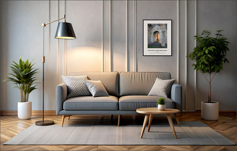 Intérieur moderne et épuré, centré autour d’un canapé gris à deux places. Le mobilier est minimaliste : une table basse ronde en bois clair, un tapis discret et une lampe sur pied au design contemporain apportent une ambiance chaleureuse. La décoration est équilibrée avec deux plantes vertes placées de chaque côté, ce qui ajoute une touche naturelle. Au mur, un cadre met en valeur une photo des ruines de Saint-Evroult, renforçant l’aspect esthétique et soigné de la pièce.