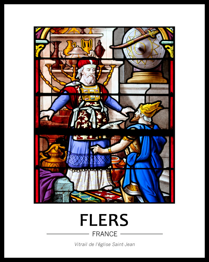Cliquez pour agrandir vitrail de l'église Saint-Jean signé Ch. Lorin 1902 et libellé « Antiochus convoite les trésors du temps »