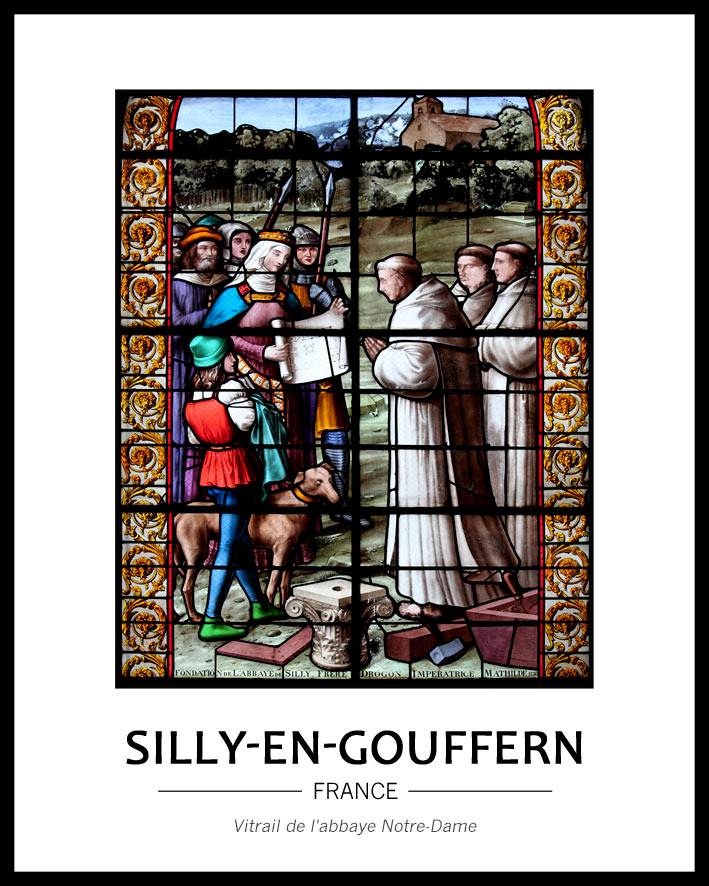 vitrail par Emile Bazire, 4e quart 19e si�cle, l�gend� Fr�re Drogon Imp�ratrice Mathilde 1130 repr�sentant la fondation de l'abbaye par Mathilde femme de Geoffroy Plantagen�t qui offre au p�re Drogon (ancien chevalier au service de l'imp�ratrice et f