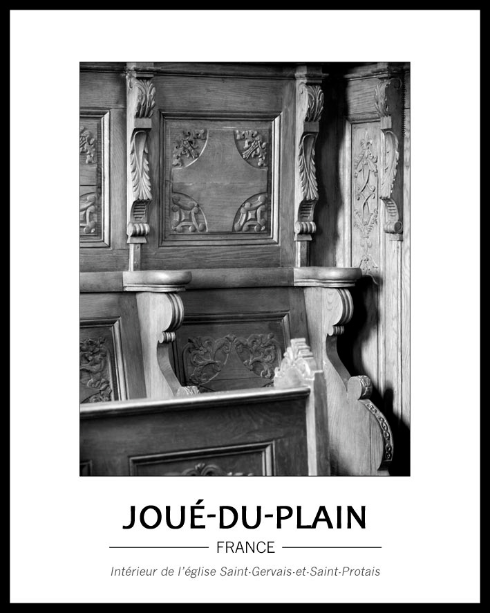 Photo noir et blanc, d�tails de bois sculpt� des stalles de l'�glise