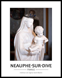 Cliquez pour agrandir statue blanche de la vierge à l'enfant sur fond de tableau des mystères de la vierge