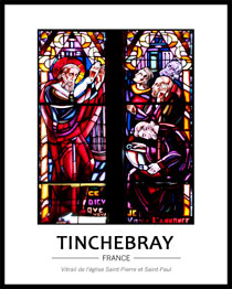 vitrail de l'�glise comportant des personnages peints et qui met en sc�ne un saint s'adressant � 4 personnages